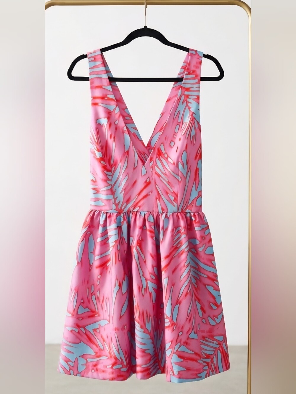 Romeo & Juliet Couture Dress Pink Aqua Red Palm Leaf Deep V-Neck Fit Flare Mini